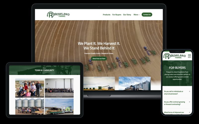 Mockup of the Rowland Farms website on desktop, tablet, and mobile, showing the homepage banner, team section, and buyer FAQs.