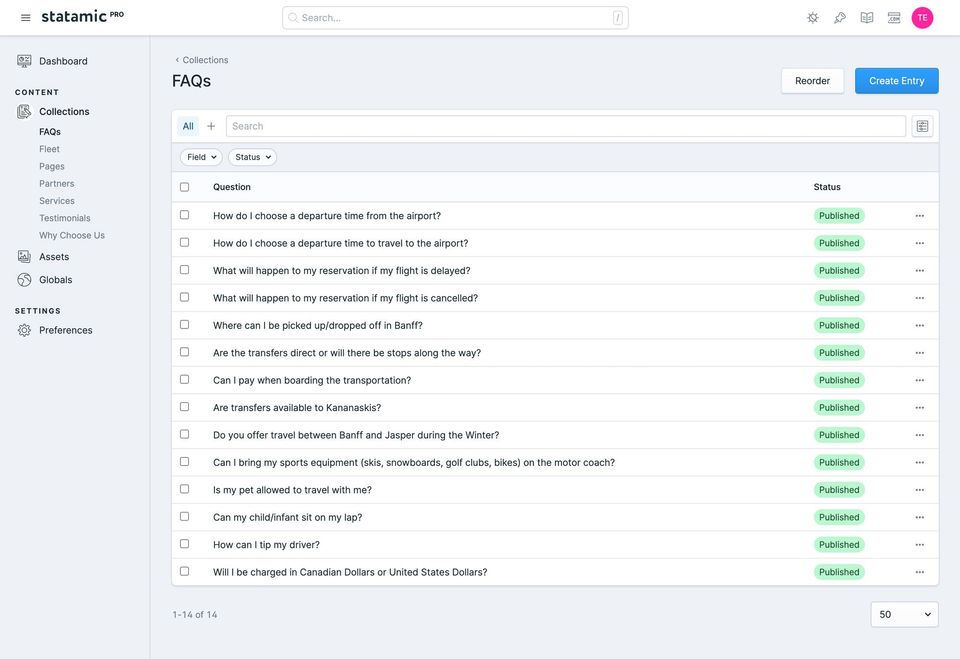 Screenshot of the Statamic Pro CMS interface showing the FAQs section, with a list of published travel-related questions, navigation sidebar, and options to search, reorder, or create new entries.