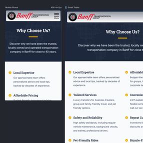 Multiple mobile screenshots of Banff Transportation Group’s site with clear text, images, and easy navigation.