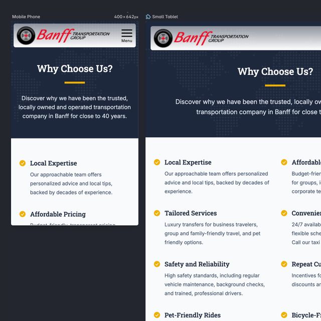 Screenshot composition of some mobile views of the new Banff Transportation Group website
