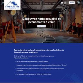 Cinémagine Alberta homepage with French heading, logo, “More Info” button, and film set background.