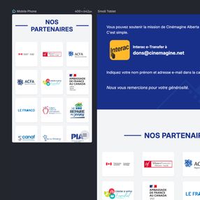 Grid of Cinémagine Alberta partner logos with a message inviting donations via Interac e-Transfer and thanking supporters.