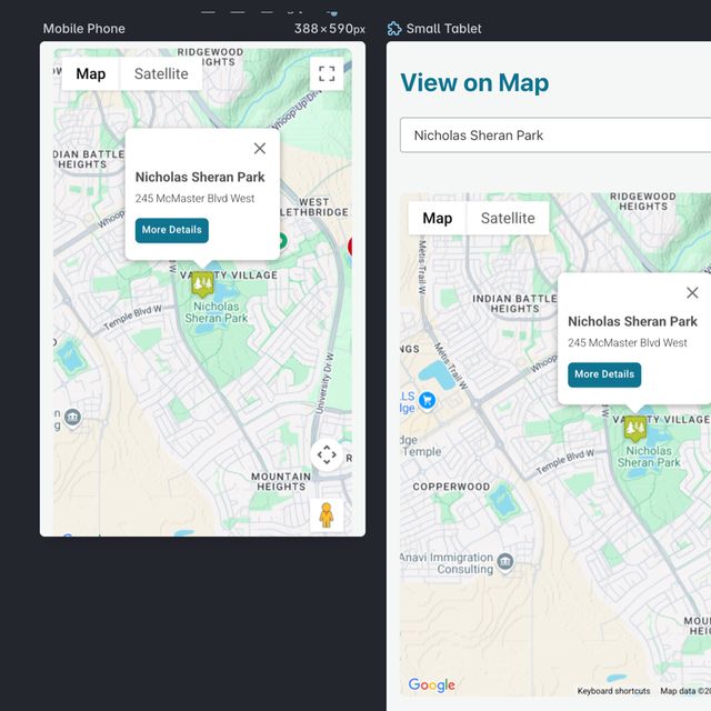 Mobile screens of the Google Maps functionality on Healthy Lethbridge website