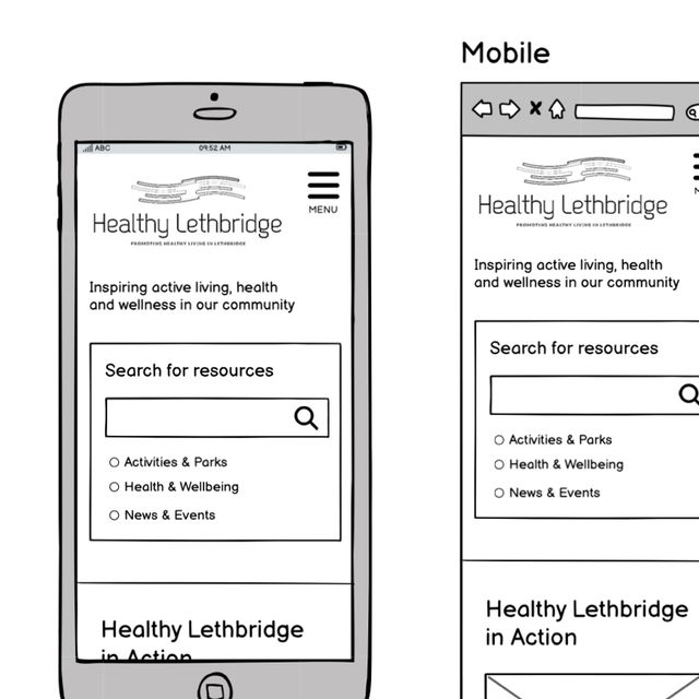 Mobile wireframes of Healthy Lethbridge website