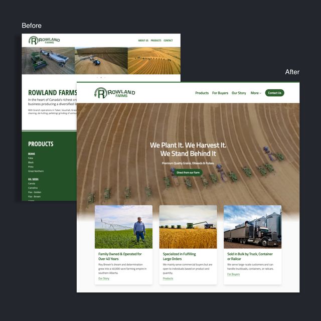 Side-by-side comparison of Rowland Farms’ old and new website designs. The old version is text-heavy with a green and white color scheme, simple navigation, and minimal images. The new version features a bold header with a tagline, a call-to-action button, prominent images, highlights on family ownership and bulk sales, and a cleaner, more modern layout.