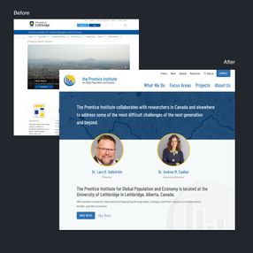 Side-by-side of old university-branded page and new Prentice Institute homepage with mission copy and team links.