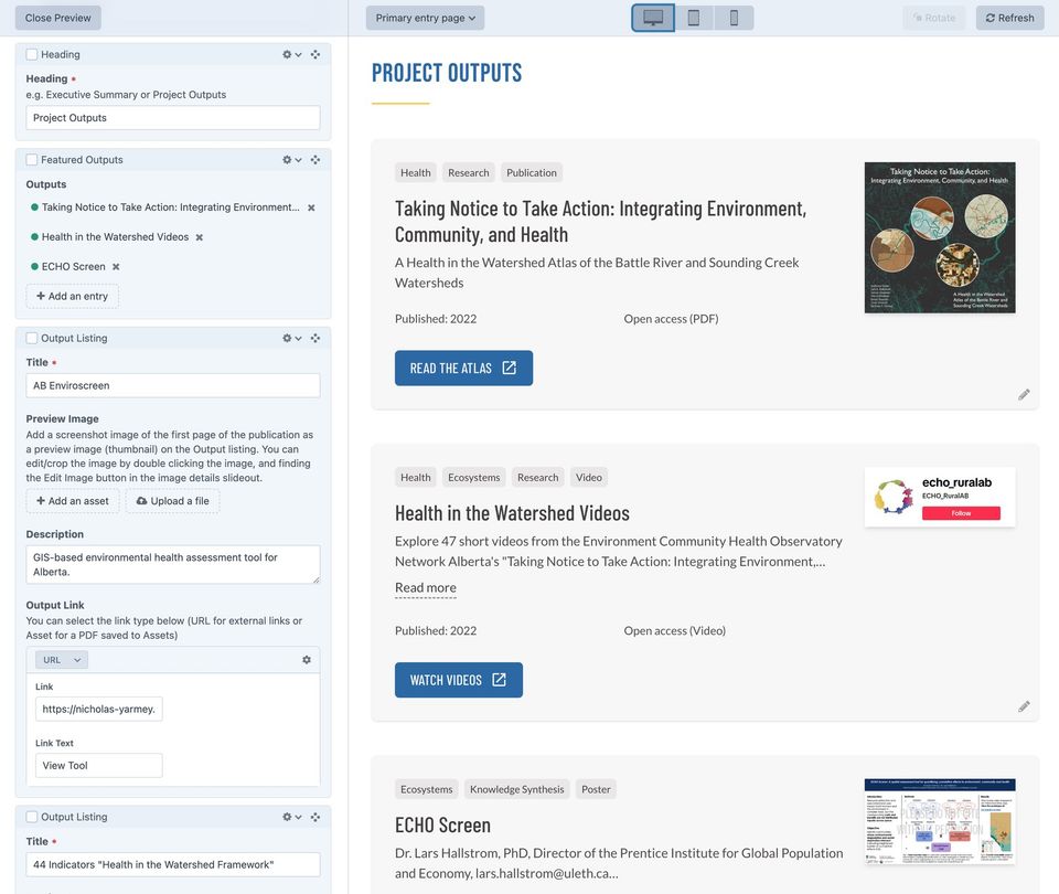 Partial screenshot of Craft CMS showing a page's editing fields and a live preview of the page.