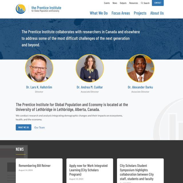 Screenshot of new Prentice Institute homepage on a large screen
