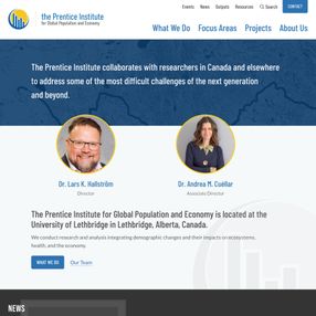 Live Prentice Institute homepage with blue hero, top navigation, director profiles, and primary CTAs.