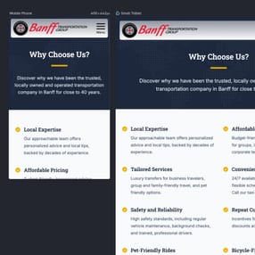 Multiple mobile screenshots of Banff Transportation Group’s site with clear text, images, and easy navigation. Multiple mobile screenshots of Banff Transportation Group’s site with clear text, images, and easy navigation.