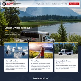 Screenshot of Banff Transportation Group’s redesigned desktop homepage with a scenic bus photo, clear navigation, and service highlights. Screenshot of Banff Transportation Group’s redesigned desktop homepage with a scenic bus photo, clear navigation, and service highlights.
