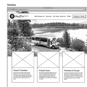 Wireframe mockup of Banff Transportation Group’s homepage with section outlines and navigation structure. Wireframe mockup of Banff Transportation Group’s homepage with section outlines and navigation structure.