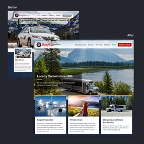 Side-by-side view of Banff Transportation Group’s old website with a taxi photo and basic layout, and the new site with a bus image, updated sections, and a request a quote button. Side-by-side view of Banff Transportation Group’s old website with a taxi photo and basic layout, and the new site with a bus image, updated sections, and a request a quote button.