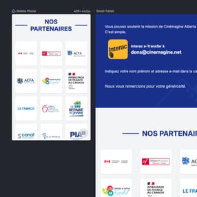 Grid of Cinémagine Alberta partner logos with a message inviting donations via Interac e-Transfer and thanking supporters. Grid of Cinémagine Alberta partner logos with a message inviting donations via Interac e-Transfer and thanking supporters.