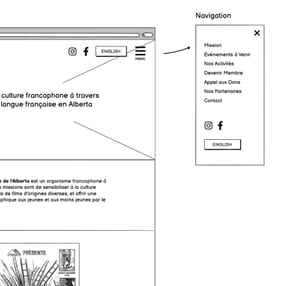 Wireframe of a website for promoting Francophone culture in Alberta, featuring navigation links, social icons, and language selection. Wireframe of a website for promoting Francophone culture in Alberta, featuring navigation links, social icons, and language selection.