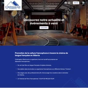 Cinémagine Alberta homepage with French heading, logo, “More Info” button, and film set background. Cinémagine Alberta homepage with French heading, logo, “More Info” button, and film set background.