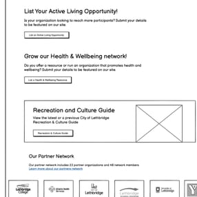 A wireframe of the Healthy Lethbridge homepage, highlighting the structure, main sections, and calls to action. A wireframe of the Healthy Lethbridge homepage, highlighting the structure, main sections, and calls to action.
