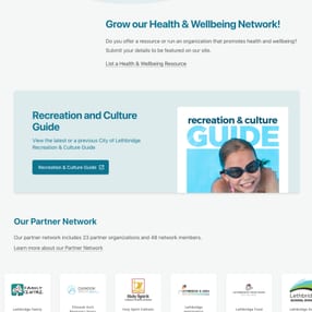 Partial screenshot of the new Healthy Lethbridge homepage, showing featured resources and partner logos. Partial screenshot of the new Healthy Lethbridge homepage, showing featured resources and partner logos.