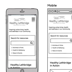 Low-fidelity wireframes displaying the planned mobile navigation and content layout for the Healthy Lethbridge website. Low-fidelity wireframes displaying the planned mobile navigation and content layout for the Healthy Lethbridge website.