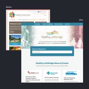 Side-by-side comparison of the old and new Healthy Lethbridge websites. The old site has a cluttered layout, while the new site is clean and organized with a prominent search bar and improved navigation. Side-by-side comparison of the old and new Healthy Lethbridge websites. The old site has a cluttered layout, while the new site is clean and organized with a prominent search bar and improved navigation.