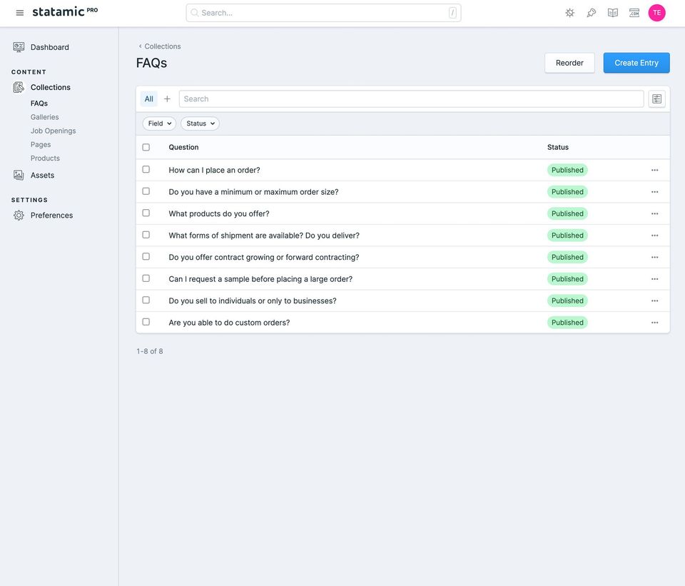 Screenshot of the Statamic content management system showing the FAQs section. The interface displays a sidebar with navigation links, a main area listing  FAQ questions, and options to search, create a new entry, or access settings.