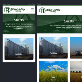 Multiple screenshots showing the Rowland Farms website on smartphones, with clear images, readable text, and touch-friendly navigation.