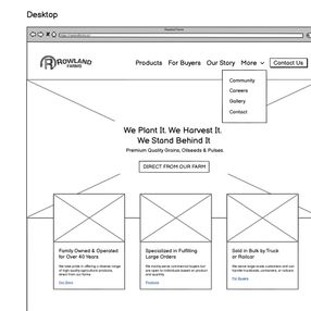 Wireframe mockup of Rowland Farms’ homepage, featuring a simple layout with prominent sections for products, family story, and calls to action.