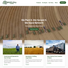 Screenshot of Rowland Farms’ new desktop homepage, highlighting large images, welcoming text, and easy-to-find navigation.